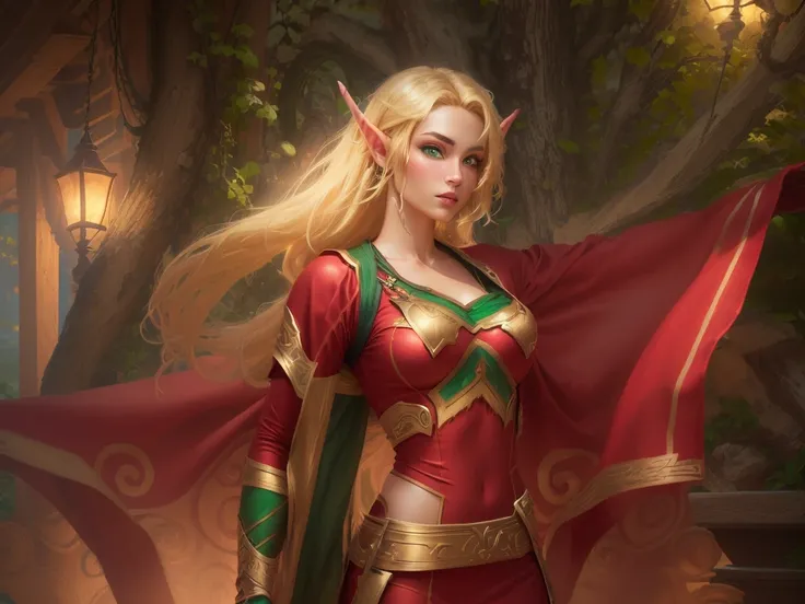 Photo of a night elf in a red and gold outfit, with blonde hair and green eyes. Photorealism style (1.5)