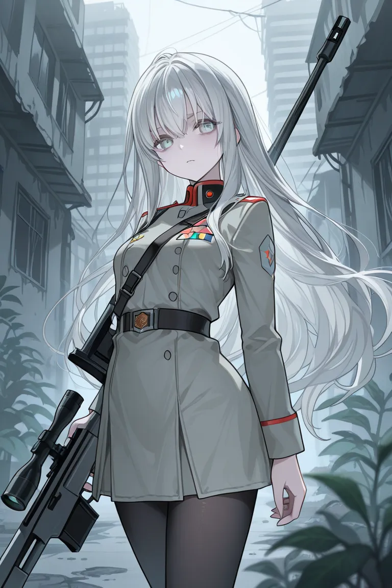  ruined city　Buildings are being eroded by plants　Standing alone　Overlooking the city　pale military uniform　 Silver Hair　long hair　 Tall　 small tits　 Fantastic　I have a white sniper rifle