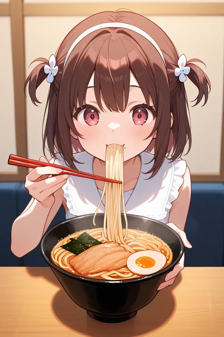 Illustration of a woman grabbing ramen with chopsticks and eating it