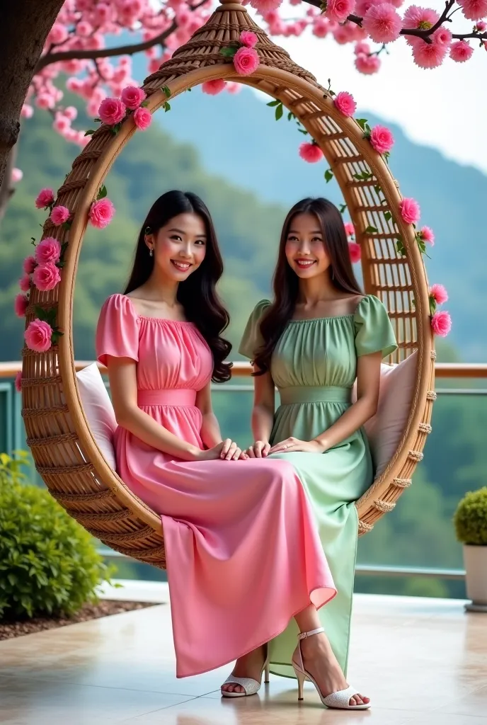 foto close up  4 orang wanita muda  Thailand Korea cantik anggun, mata coklat, smile,  long hair ornamental flowers . .  wearing bright pink  dress soft green gradation round short-sleeved dress . .  with tiered petals  , rok lebar sedikit smile lembut, wh...