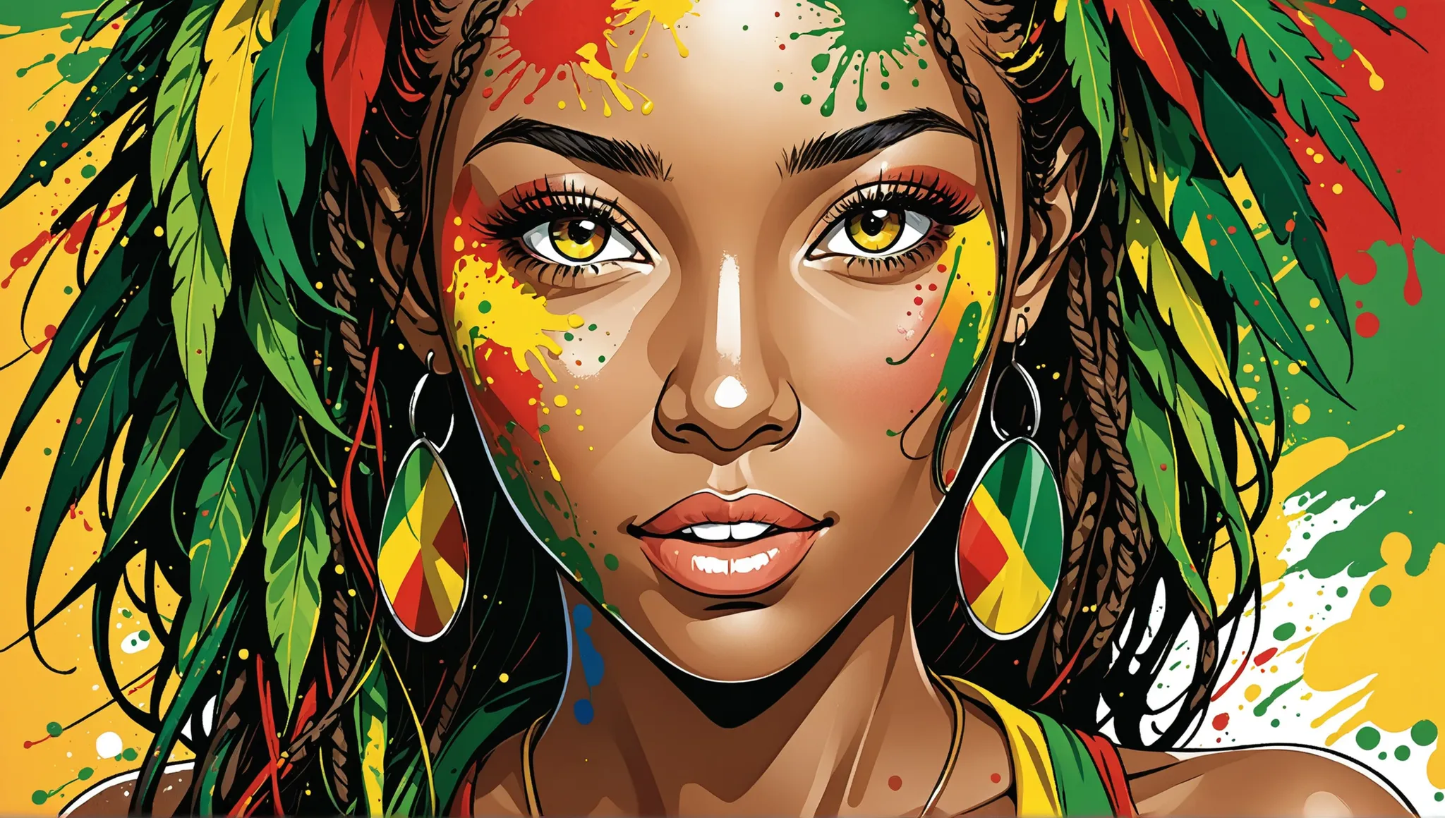 vector art, Lots of Jamaican Reggae, Real Jamaican reggae vibe，color illustration,  Vine , Brilliant Color, Paint Splashes and Stains, high detail, beautiful woman
