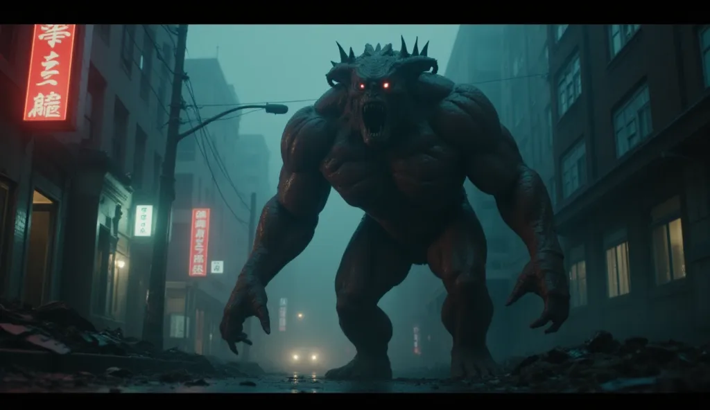 The Monsters Have Evolved"

Video Prompt: A low-angle shot of an enormous mutated creature stepping out from the shadows onto a destroyed street. Its eyes glow in the darkness, muscles twitching with raw power.

Camera Angle: Slow upward tilt from ground l...