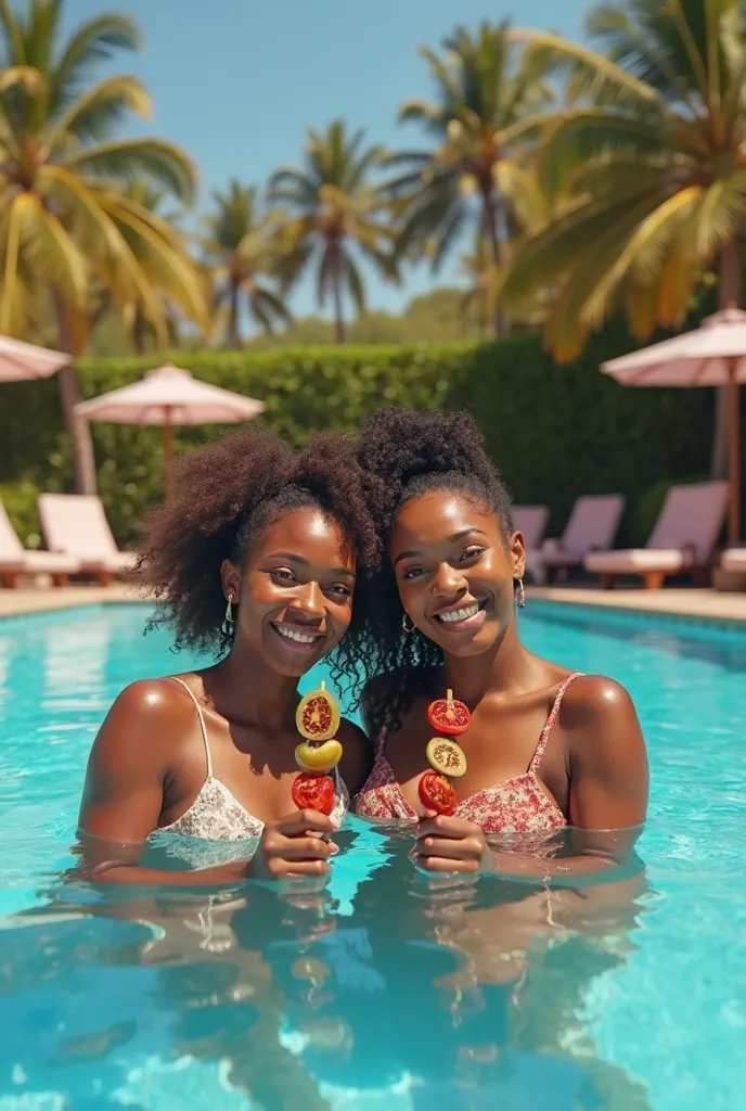 Two Black women, both in their thirties, are relaxing in a large, sparkling blue pool. They are smiling happily and holding up skewers of beef (e.g., olive eyes, tomato slice-shaped mouths). The background is sunny and perhaps incorporates a poolside setti...