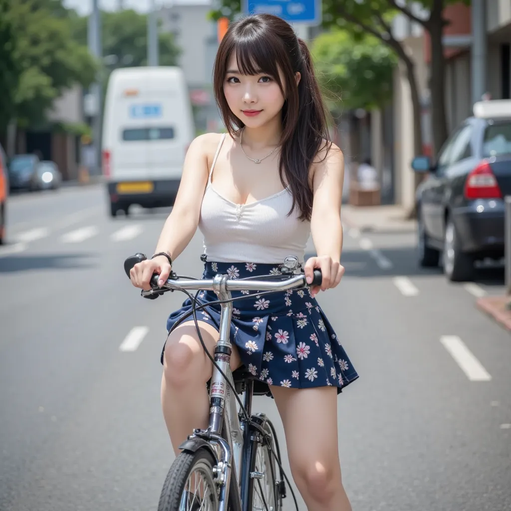 (City roads), masterpiece:1.37,  super realistic, Photorealistic, dramatic scene, smile:0.8, (25 year old asian girl, alone, alone), (medium chest, medium ass, Japanese models, thin waist, beautiful eyes, beautiful face, symmetrical eyes:1.21, ((twintail:1...