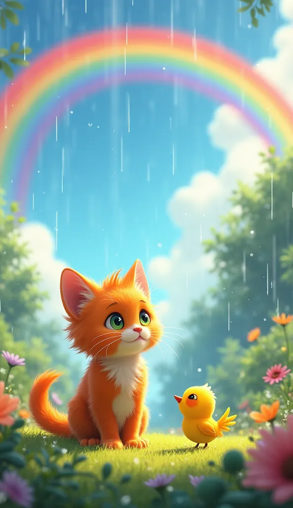 Image Prompt:
A magical 3D anime-style scene of Marmalade and the bird gazing at the rainbow after the storm.

Scene Details:
After the storm, Marmalade and the small yellow bird emerge from their shelter to see a vibrant rainbow stretching across the sky....