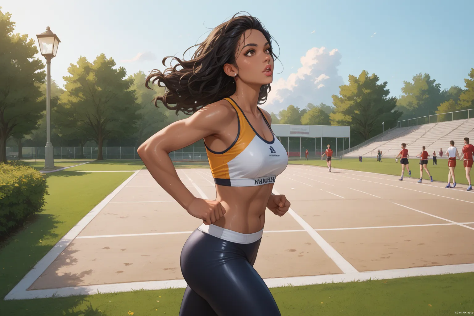 solo focus,  1girl , (masterpiece, high quality:1), Create a stunning image of a dark-skinned woman with long wavy black hair, brown eyes and full lips, dressed in a tight tracksuit that accentuates her athletic body, she is jogging in the park, the locati...