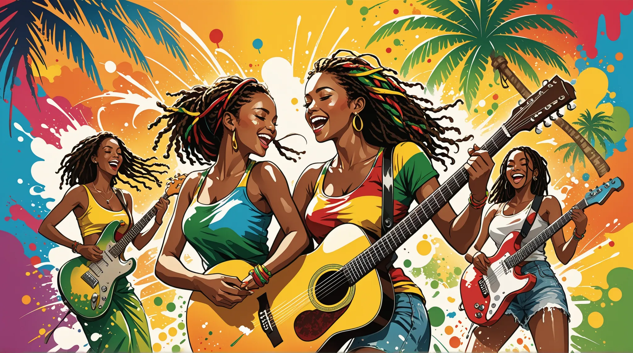  vector art,       Lots of Jamaican Reggae      ,   authentic Jamaican reggae vibe，  color illustration ,  Vine ,  bright color,       Paint Splashes and Stains      , high detail, 
Palmera, A man is playing a guitar、Few Women Are Dancing、  strand,graphic ...