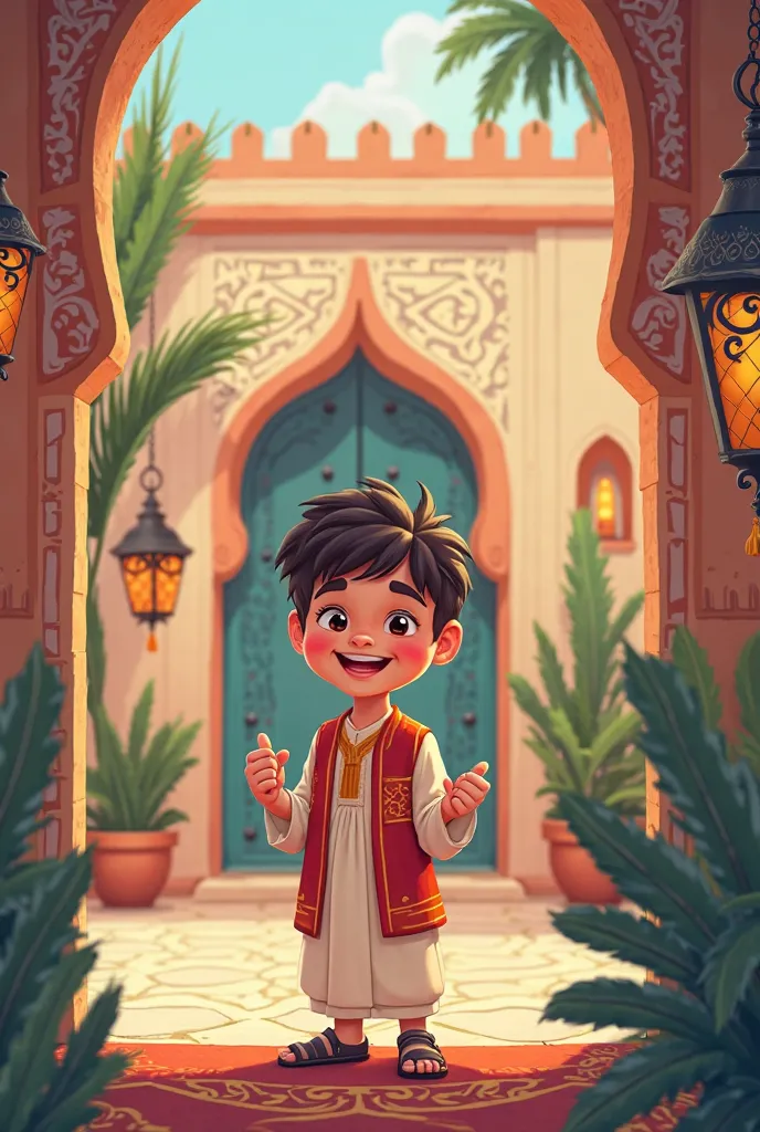 I need a cartoon drawing for a small Moroccan  and not a man holding a prayer mat in his hand and happy in Ramadan