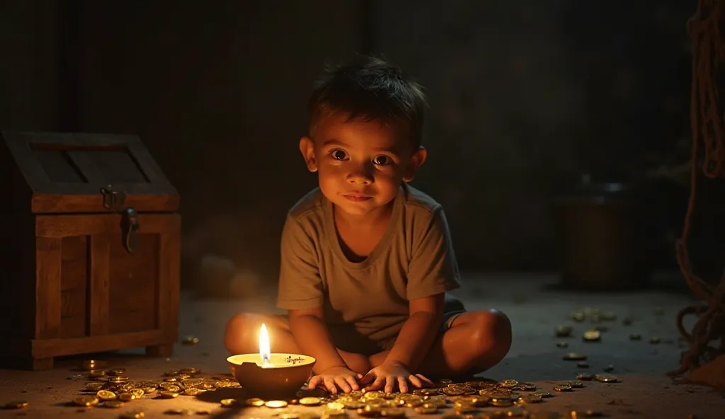 A young poor boy with large, expressive eyes sits on the floor in a dimly lit room, surrounded by scattered gold coins and an old wooden treasure box. A small oil lamp beside him casts a warm golden glow, illuminating his curious and hopeful face. The back...