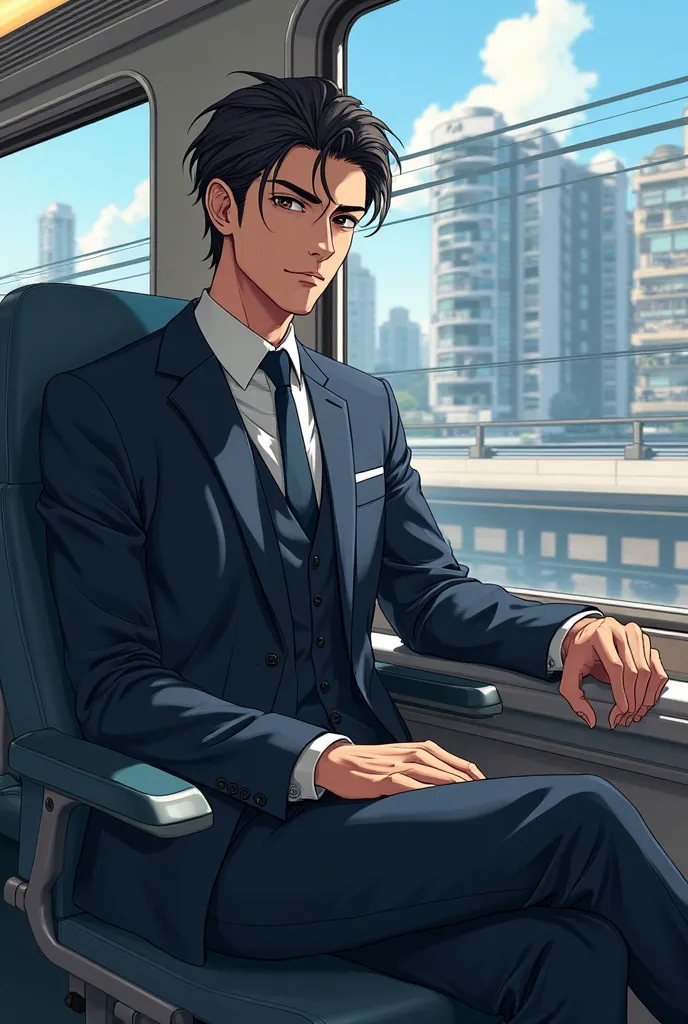 A anime man on a train
