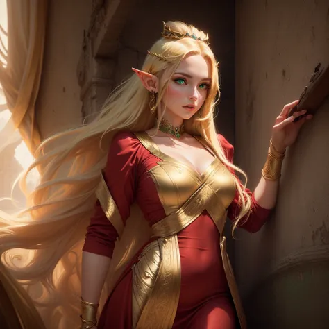 Photo of an elf woman with long blonde hair and green eyes, wearing a red dress with gold accents. Photorealism and Cinematic style. 