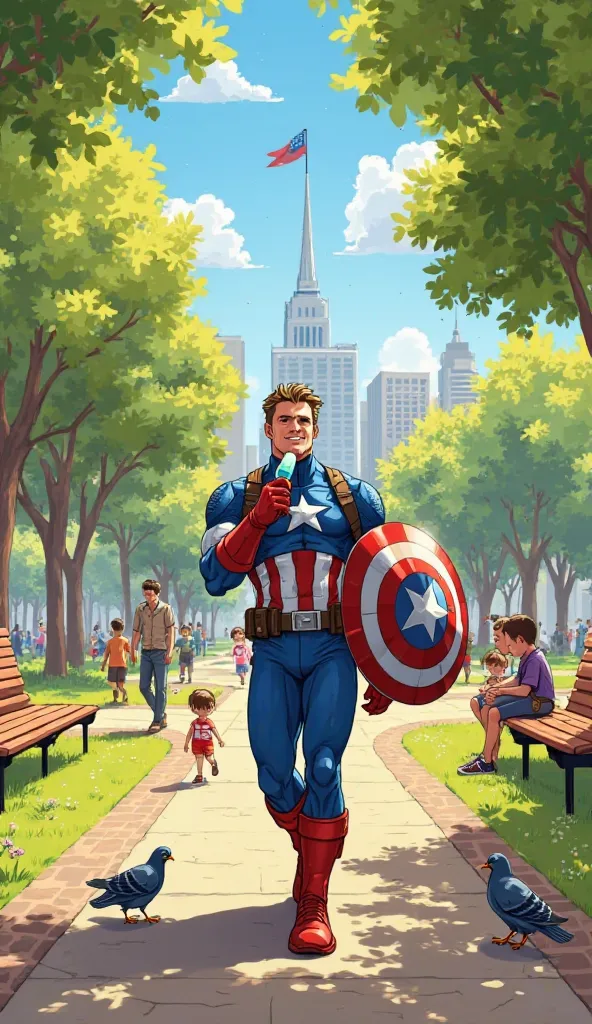 A bright and lively city park during a sunny afternoon, filled with green trees, benches, and a small ice cream cart. ren are playing soccer, pigeons are flying, and people are strolling around. In the foreground, a superhero in a blue suit with a red and ...