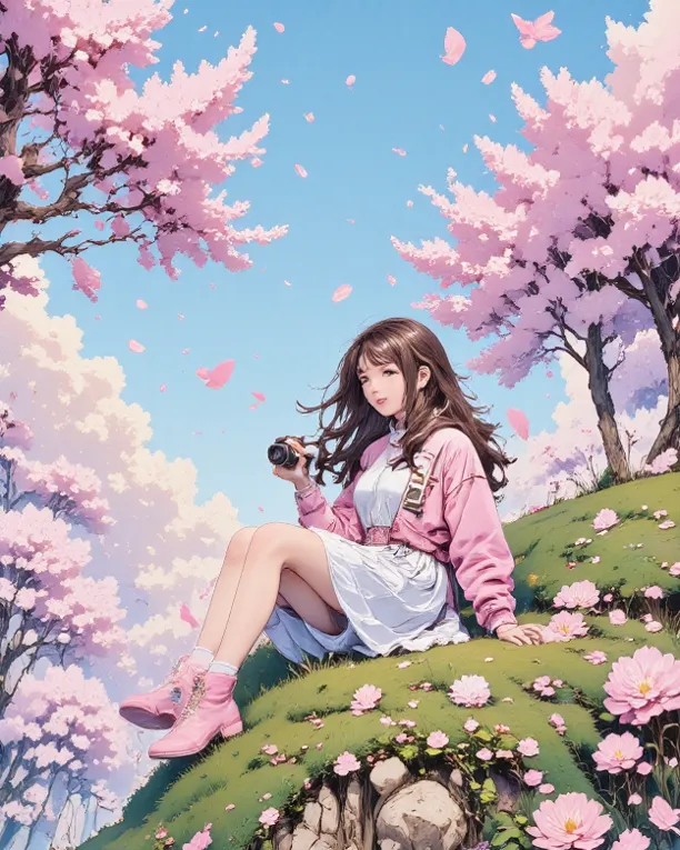 A beautiful anime girl with long wavy brown hair, wearing a pink jacket, white skirt, and pink boots, sitting on a lush green hill under blooming cherry blossom trees. She holds a DSLR camera, capturing the scenic view. The sky is bright blue with soft whi...