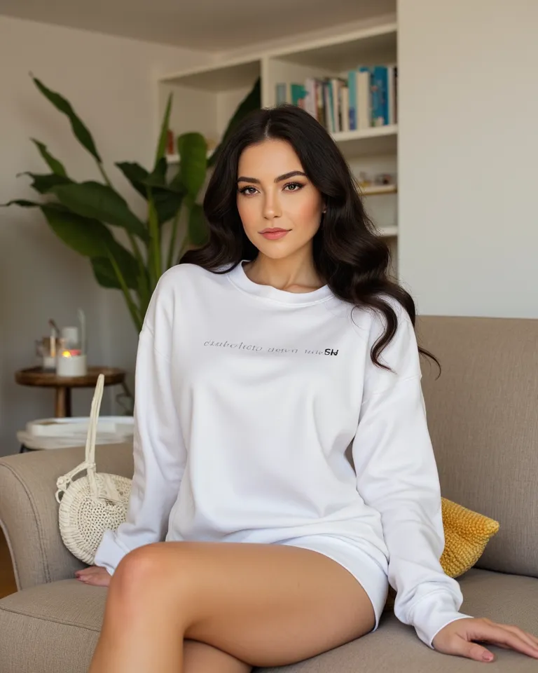 an hyper-realistic large shot of fully body view  portrait of a 18 years old girl sitting on a comfortable sofa in a warm and cozy living room, captured in full body within the frame of the photo. her very large almond-shaped and persian eyes are a strikin...