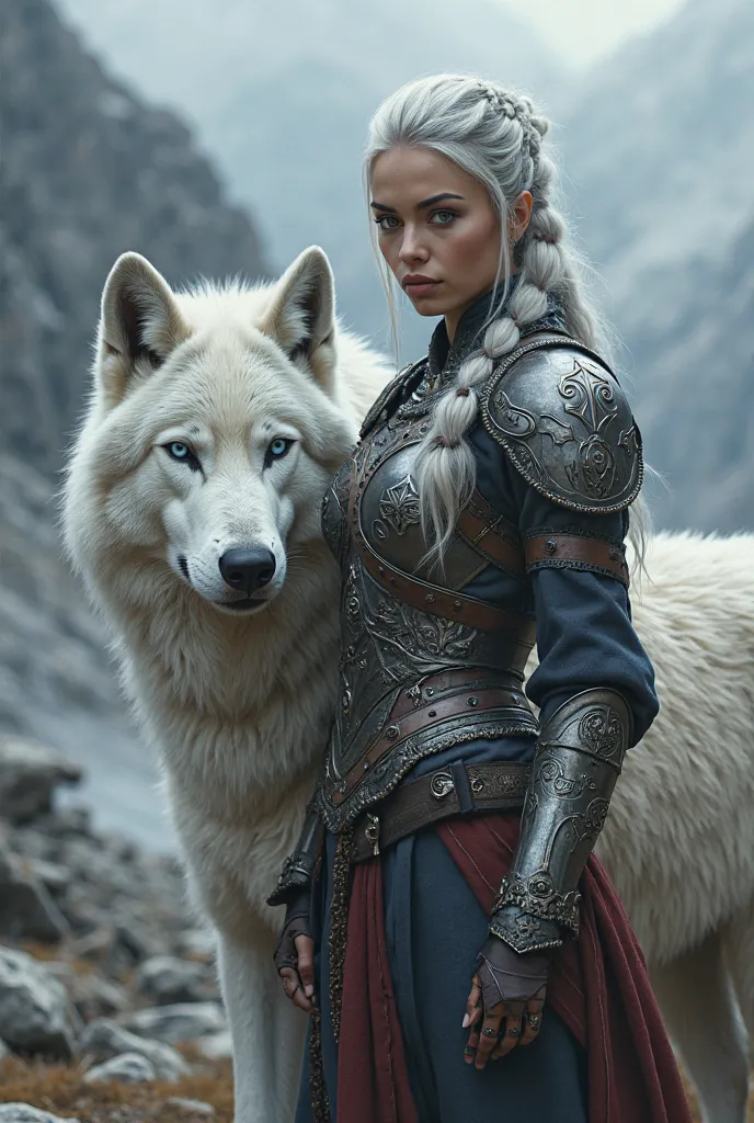 gray haired sexy warrior woman and white wolf next to her