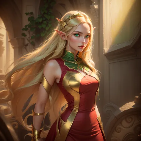 Photo of an elf woman with long blonde hair and green eyes, wearing a red dress with gold accents. Photorealism and Cinematic style.