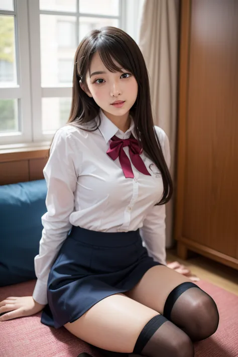 gravure idol　HIGH SCHOOL GIRLS　uniform　miniskirt　miniskirtは紺色プリーツあり　bust 110 cm　 beautiful feet　Big Breasts　dark blue high socks