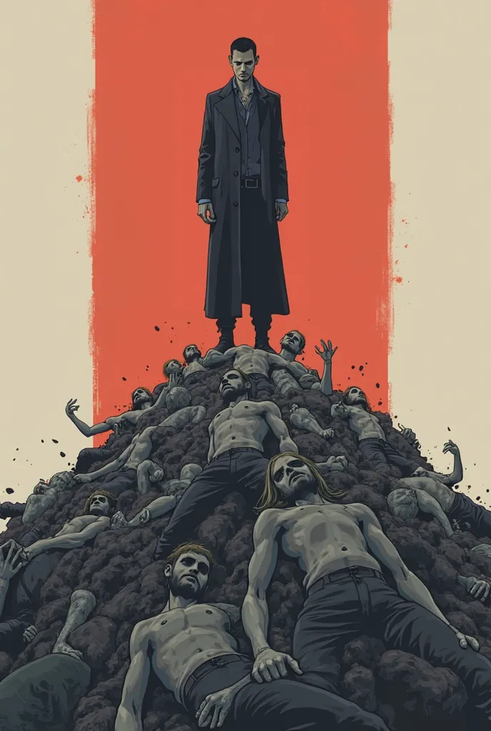 A man standing on a pile of bodies background solid color make it minimalistic and fantasy anime illustration style