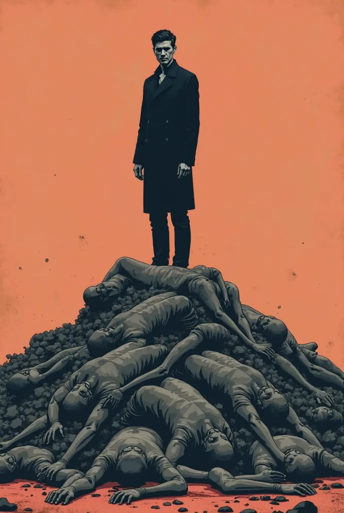 A man standing on a pile of bodies background solid color make it minimalistic and fantasy anime illustration style