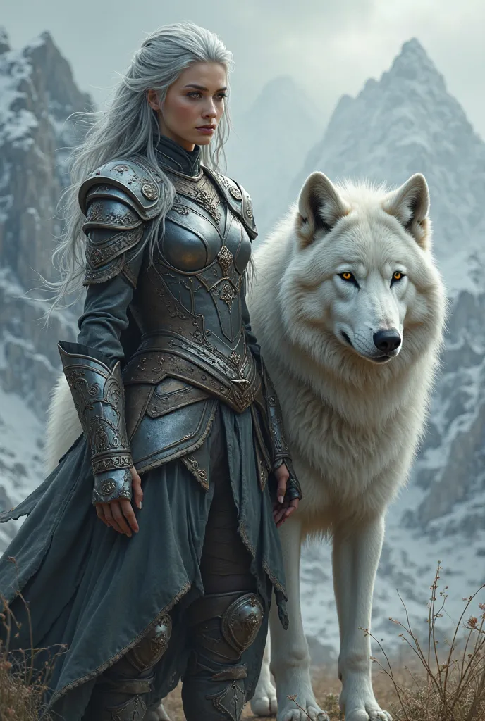 gray haired sexy warrior woman and white wolf next to her