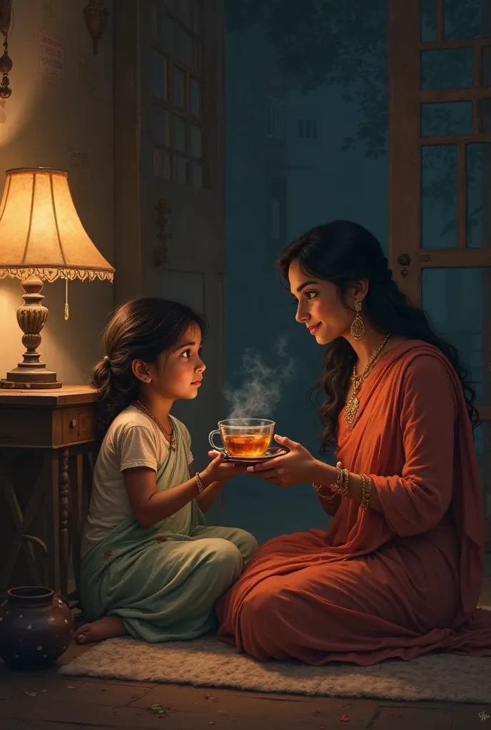 Indian women asking to her daughter at night do want tea in room