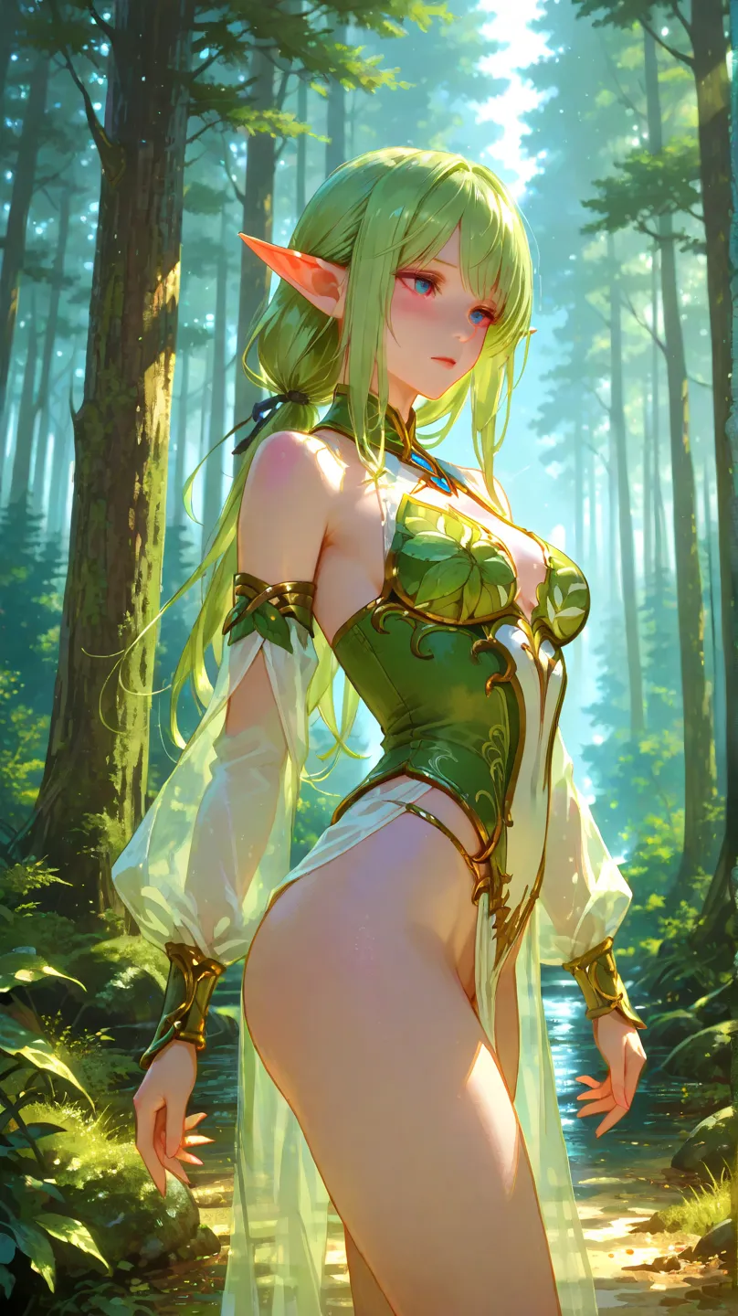 sexy female elf with perfect body, Beautiful Facial Expressions, Sensual and graceful posture, Forest environment,  dim light, Detailed texture description, detailed realistic rendering, Magical and fantasy feeling, High Resolution, 4K, extreme detail, rea...