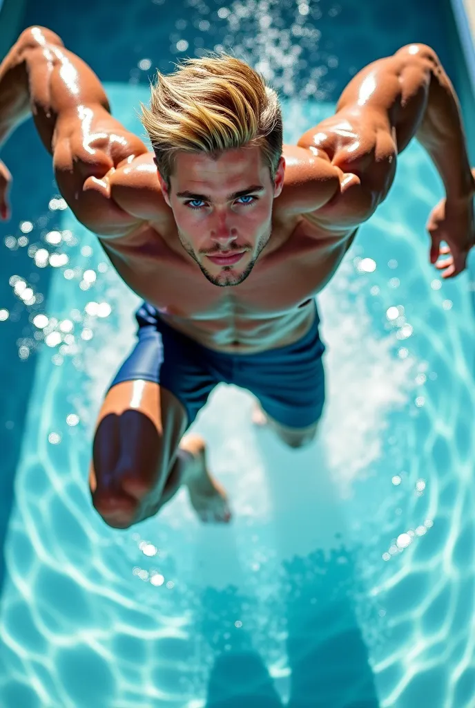 man, Realistic,  blond hair,  very blue eyes , Muscular, In a swimsuit jumping in the pool pool.