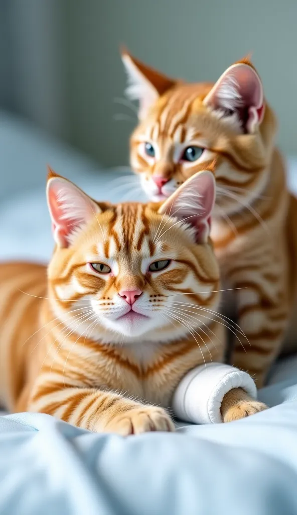 "A pair of cats, These two cats are the same color, both orange and both are fat The injured British Shorthair cat slowly opens its eyes, looking weak but alive. A soft white bandage is wrapped around its front leg, showing that it has been treated. The ot...