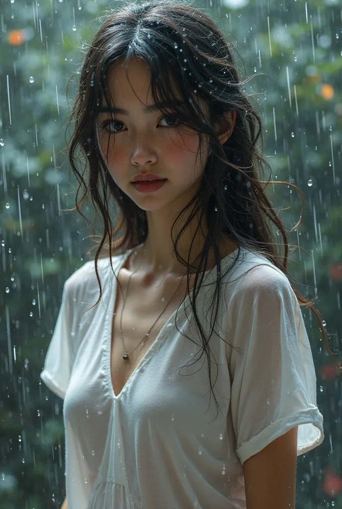 A beautiful girl whose pure white T-shirt came off in the rain and her chest is transparent