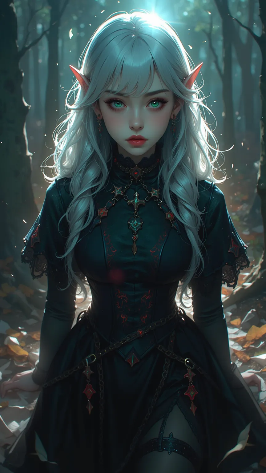 High quality Charming fairy girl, silver hair, Goethe style,  Glowing Green Eyes ,elf ears， smooth skin, Black Fairy Dress with Red Embellishment, standing in mysterious, ghostly forest, Magical energy flowing in shadows, Fantastic ambience, Cinematic soft...