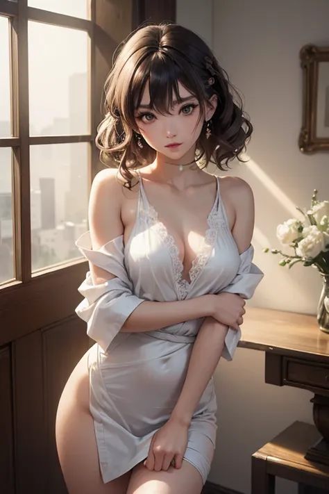 ( masterpiece , high image quality during sick leave, high resolution)  full body,  perfect lighting ,  Bright Eyes and Delicate, Beautiful Face  ,  long wavy hair over the shoulders .  Super Detail , Beautiful Chest and Waist  , Beautiful legs and slender...