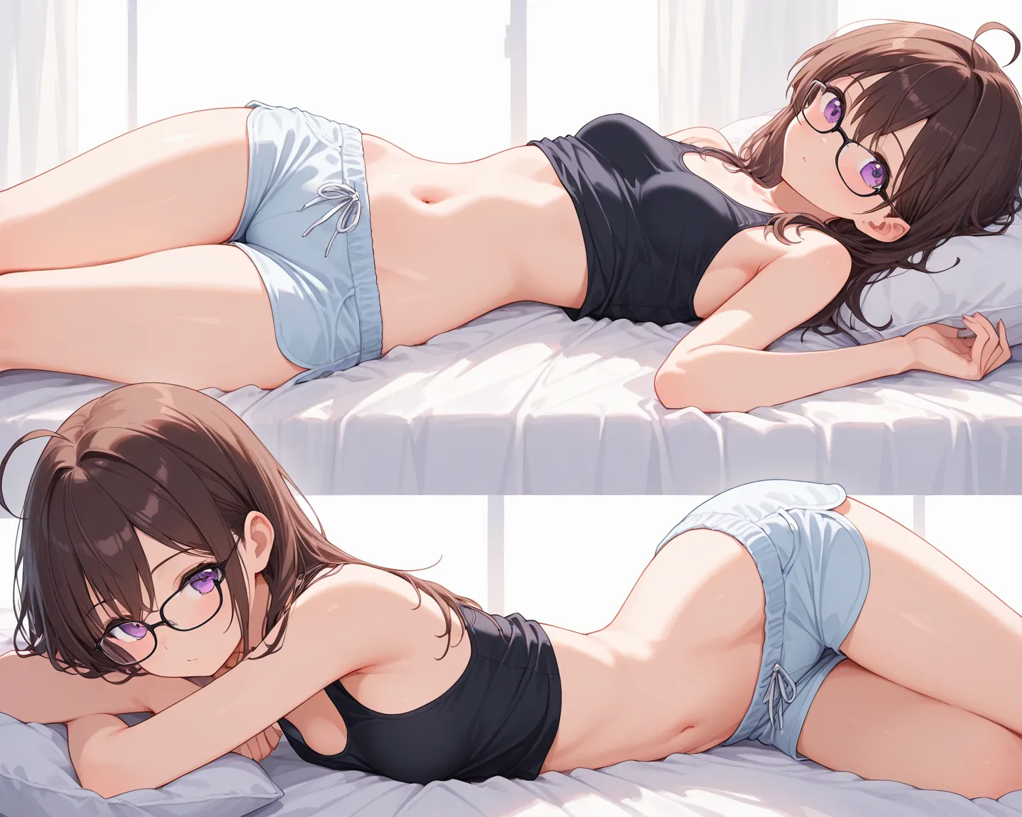 anime girl with long dark brown hair with ahoge, has purple eyes, wears glasses, light clothing, wearing shorts, wearing tank top, revealing clothing, laying down in bed sideways,Multiples views, beautiful anatomy, medium-small breasts, better details, 4K,...