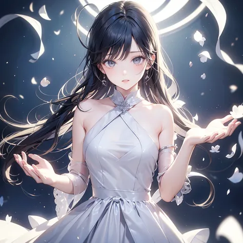 Boyish dark-haired girl,Silence,fantasy, negative,The voice of the voice of the,white green house silver light background,future.Swaying,front、dream, Dynamic