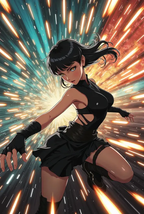 Bullet Time Dodge 、、Bullet Trails、A high-energy slow-motion action scene, extreme perspective. Bullets flying towards the viewer, distorted air trails creating depth. The female warrior dodges in a curved motion, creating a dynamic 3D effect.A dynamic slow...