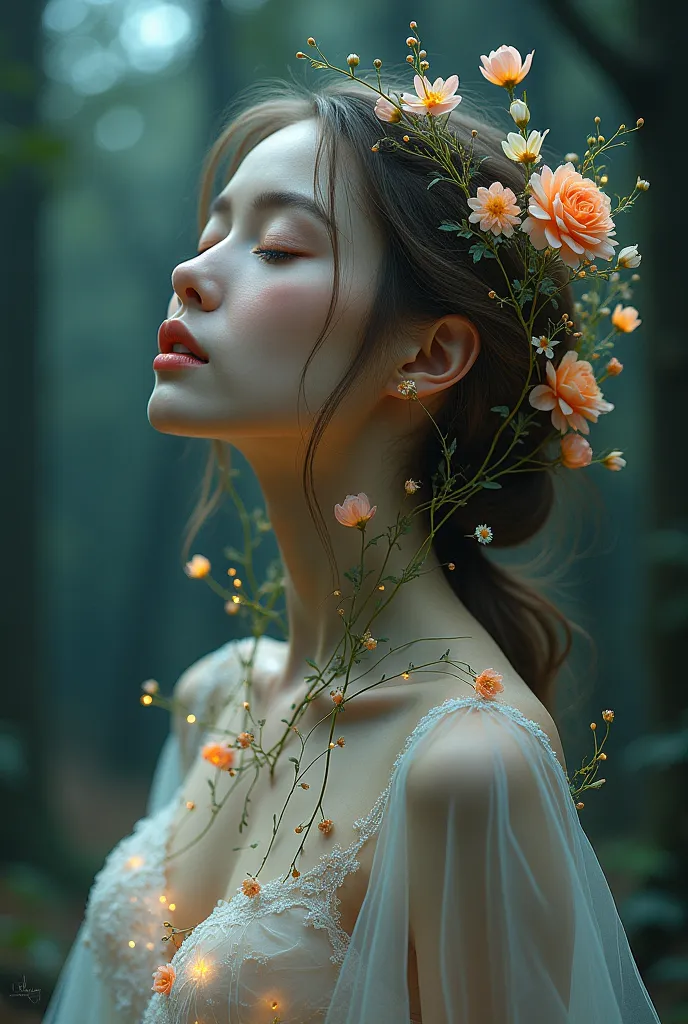 "Create an ethereal, almost otherworldly portrait of a woman with delicate, shimmering skin, resembling the surface of water under moonlight. Her features are soft and rounded, almost dreamlike: - Her eyes are closed, surrounded by delicate flower petals, ...