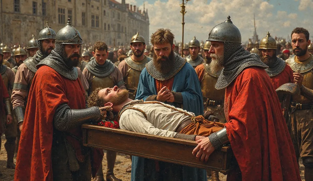 A Norman king, William the Conqueror, (a man of great stature), middle age, is carried by other knights in a litter. The king is lying down, badly wounded and showing signs of pain. They enter a medieval city, Rouen. A tense atmosphere, 9th century, oil on...