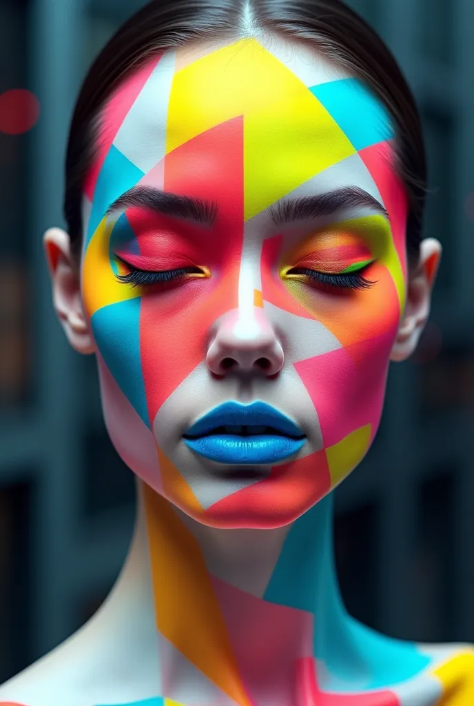 Create a bold, abstract portrait of a woman, her face completely covered in vividly colorful geometric patterns. Her skin is ivory, almost like porcelain, with a smooth texture that contrasts against the sharp patterns. - Her eyes are hidden behind a serie...