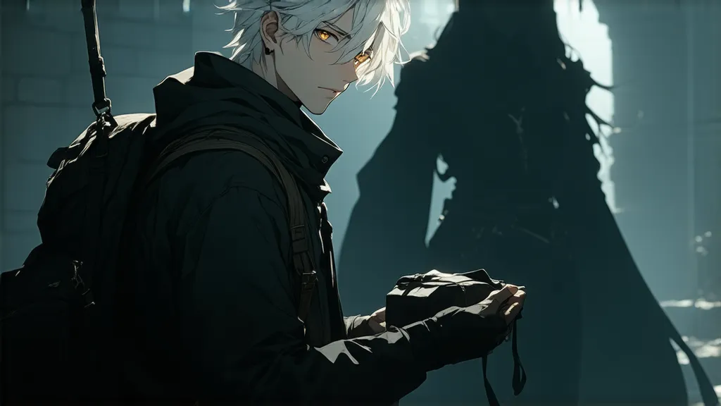 Imagine a 20-year-old young man with white hair and hazy golden eyes in anime style, preparing his belongings for a journey. He carefully packs his gear, his expression focused and determined. The dim light casts a soft glow on his face as he checks his su...