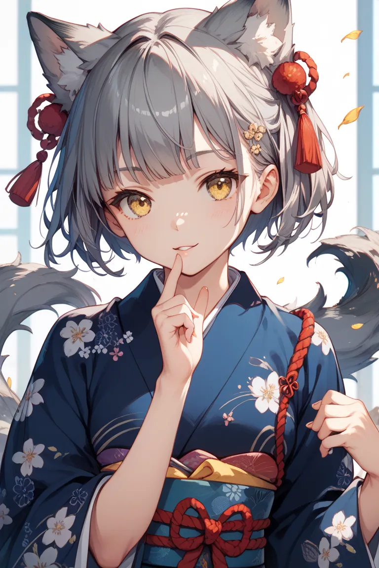 gray wolf cut。 Beast Ears。human。yellow eyes。 kimono。 lori