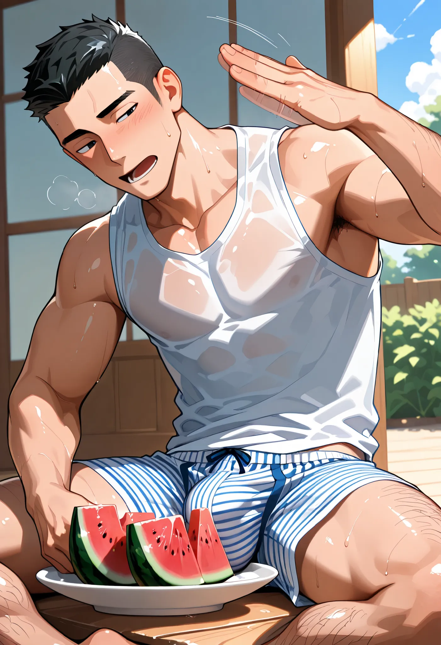 Solo male, handsome, asian skin, black hair , Blusher, black eyes, Crew cut, open mouth, the floor of a family home, A man is sitting and fanning himself, summer, hot, sunshie, The man is wearing a white sleeveless undershirt and striped boxer briefs, bulg...