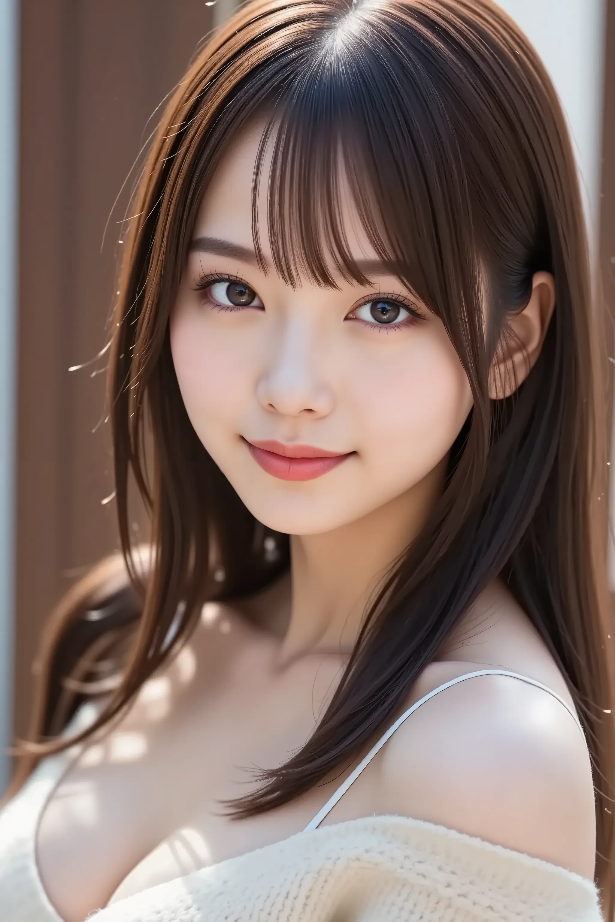 The face is positioned exactly in the center of the image , , the entire head is fully reflected , Face clearly visible、Fur Coat, Puree soup outside the dance hall、long hair、bungs, smile, young and cute japanese face , Official Art, high image quality duri...