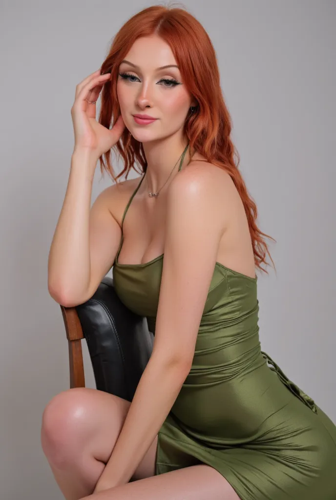 Photo of a slender ginger woman wearing a olive green satin halter pencil mini dress while sitting in a photostudio.  