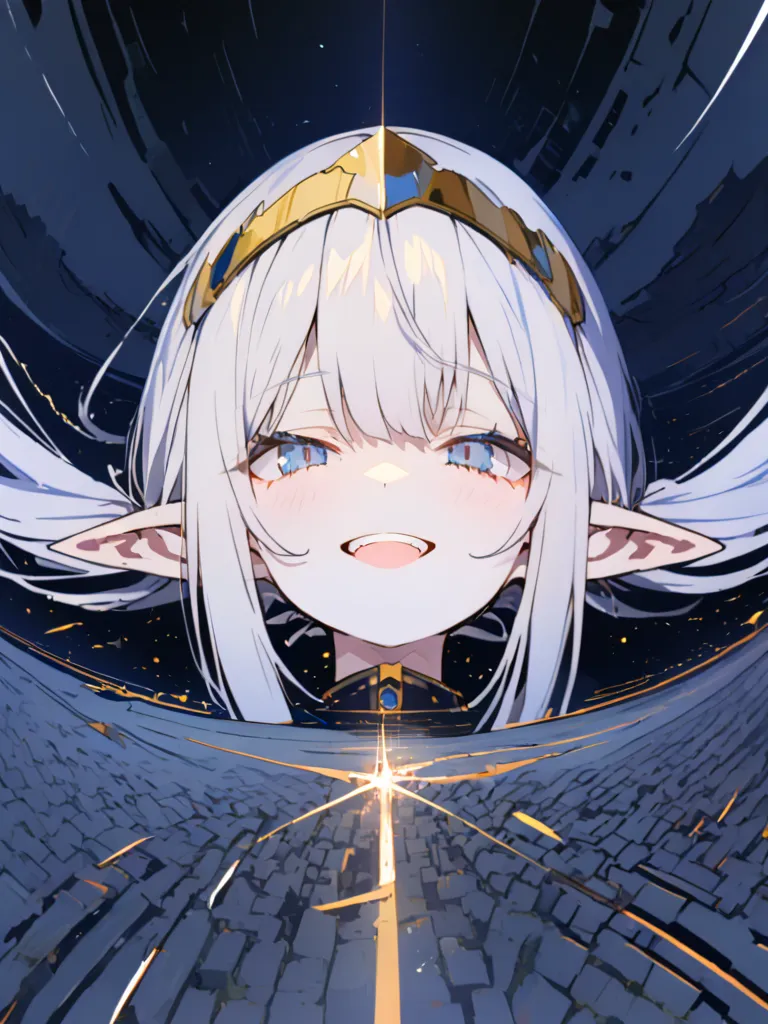 1 girl, solo, high resolution, turns her gaze,  Gold, blue eyes, headpiece, twin tails, open your mouth slightly, teeth, pointy ears, teeth, high resolution, smiles, Overlooking, Vanishing Point, Rotated, 360° Field of View, Dark Atmosphere