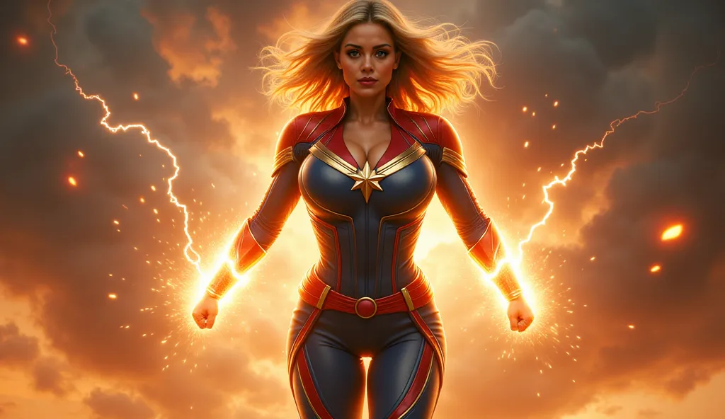 A cinematic medium close-up shot of Captain Marvel, floating mid-air in a powerful stance, her body radiating with golden cosmic energy. Her muscular physique is strong yet feminine, her toned abs subtly visible beneath the glow. Her huge breasts are accen...