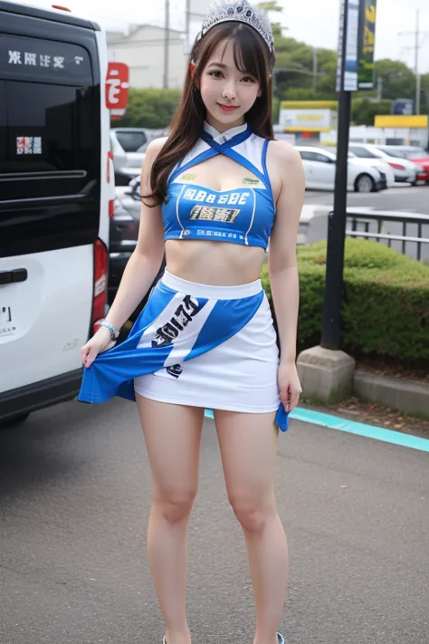 gravure idol　 Hair　Height: 170 cm　Race queen look　　blue separate costume　The bottom of the separate costume is a miniskirt　 beautiful feet　erotic face　bust 110 cm　 standing　　