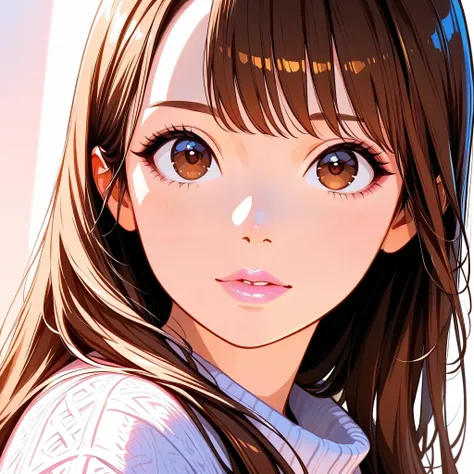 Girl, long straight brown hair, brown eyes, sharp features, white skin, light pink lips, beautiful, perfect, elegant, wearing a sweater, high quality resolution, clear bright colors.