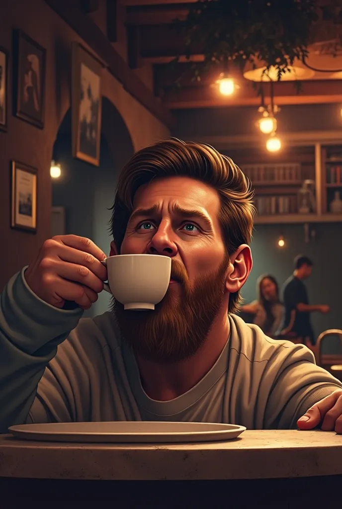 Setting with Lionel Messi having a cup of coffee 