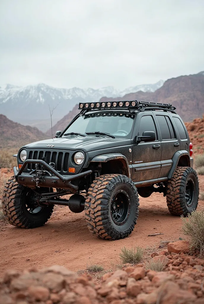 A Plate 2002 Jeep Liberty with a 6 inch lift kit and 285/75R16 tires on stock rims 