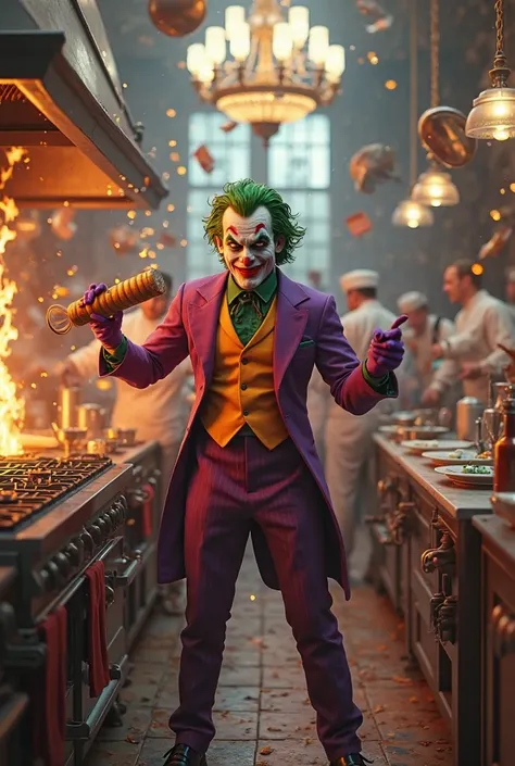 A highly detailed 3D scene of the Joker in a chaotic restaurant kitchen. He is holding a dynamite stick with a manic grin on his face, about to light the fuse. Pots and pans are flying in every direction, and flames begin to spark from the stove. The kitch...