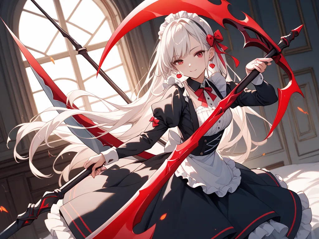 nsfw,Big Scythe、black maid outfit、pretty girl、Red energy from the scythe、up your upper body、Long white hairstyle、